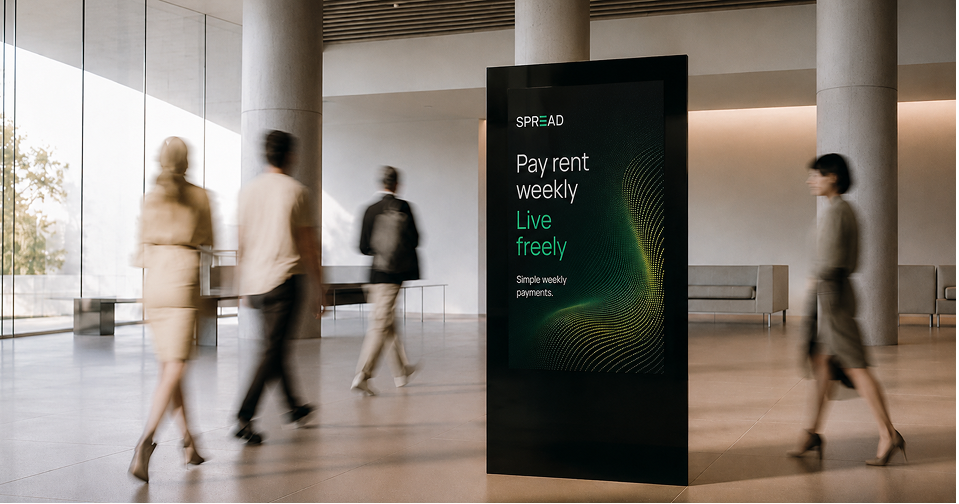 Digital display in a lobby advertising weekly rent payments.