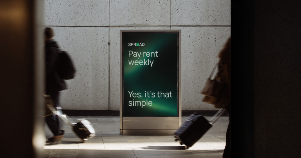 Transit ad reading Pay rent weekly.