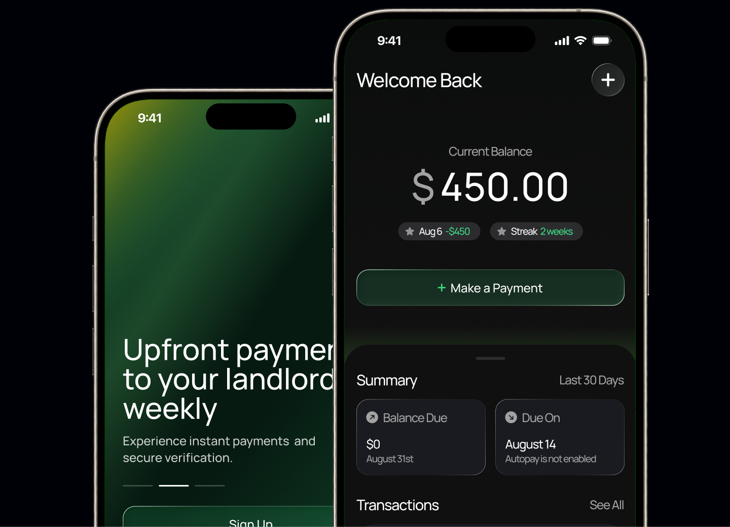 Spread mobile app showing an upfront payment and current balance.