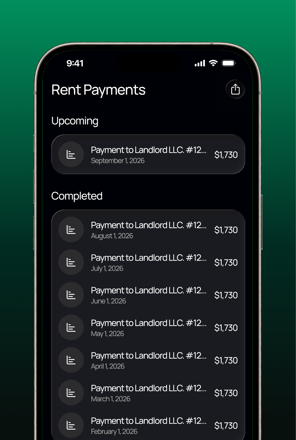 Spread rent payment history showing upcoming and completed payments.