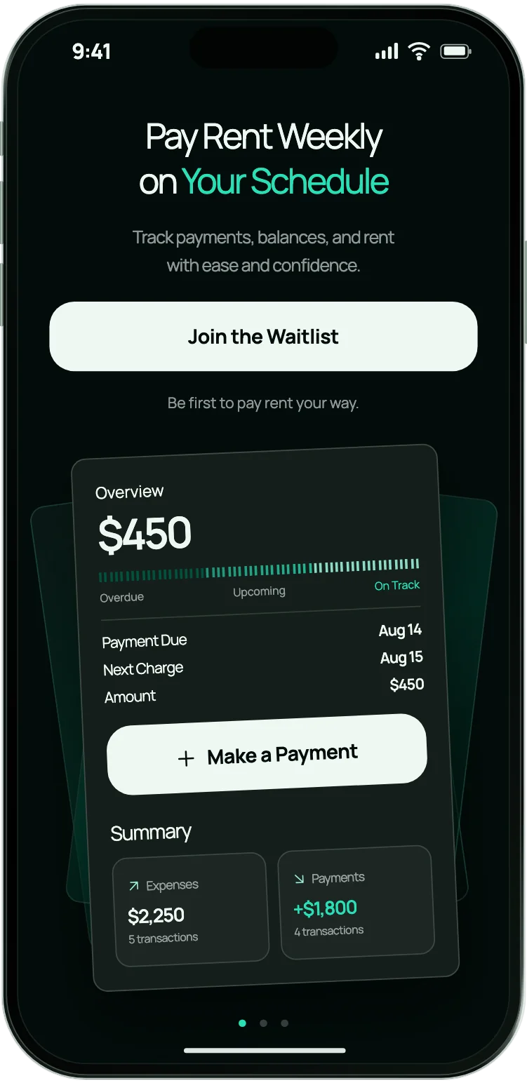 The Spread app showing a weekly rent payment overview, balance, and payment schedule.